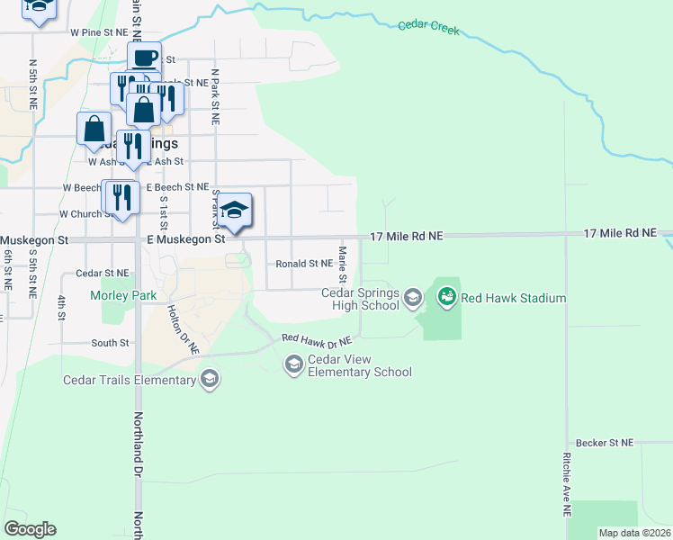 map of restaurants, bars, coffee shops, grocery stores, and more near 389 Ronald Street Northeast in Cedar Springs