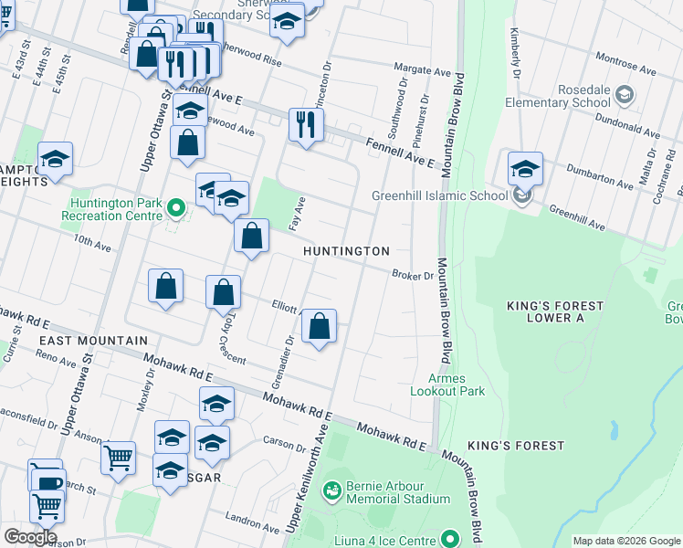 map of restaurants, bars, coffee shops, grocery stores, and more near 23 Camille Court in Hamilton