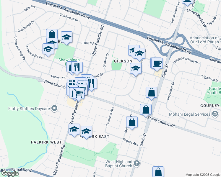 map of restaurants, bars, coffee shops, grocery stores, and more near 103 Gardiner Drive in Hamilton