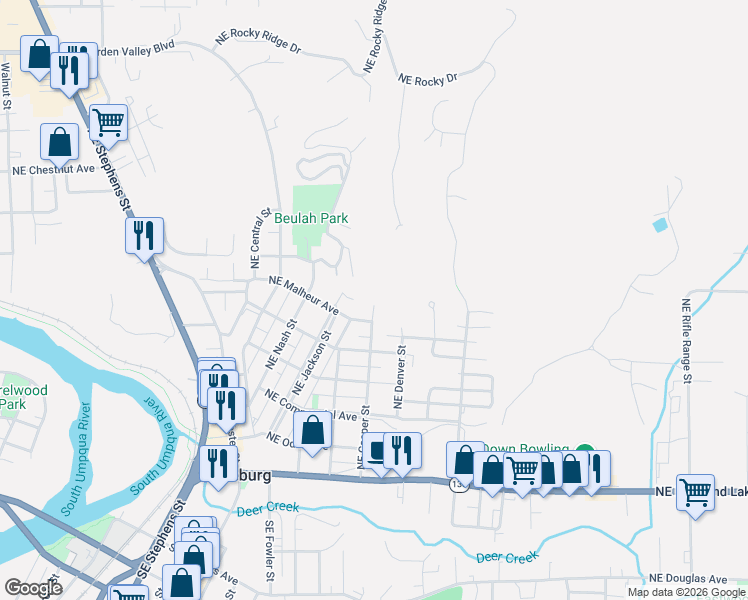 map of restaurants, bars, coffee shops, grocery stores, and more near 435 Northeast Casper Street in Roseburg