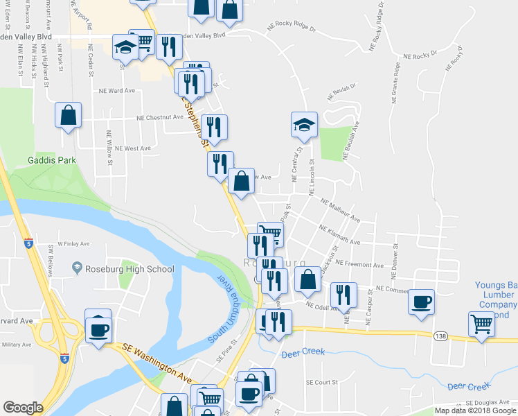 map of restaurants, bars, coffee shops, grocery stores, and more near 676 Northeast Winchester Street in Roseburg