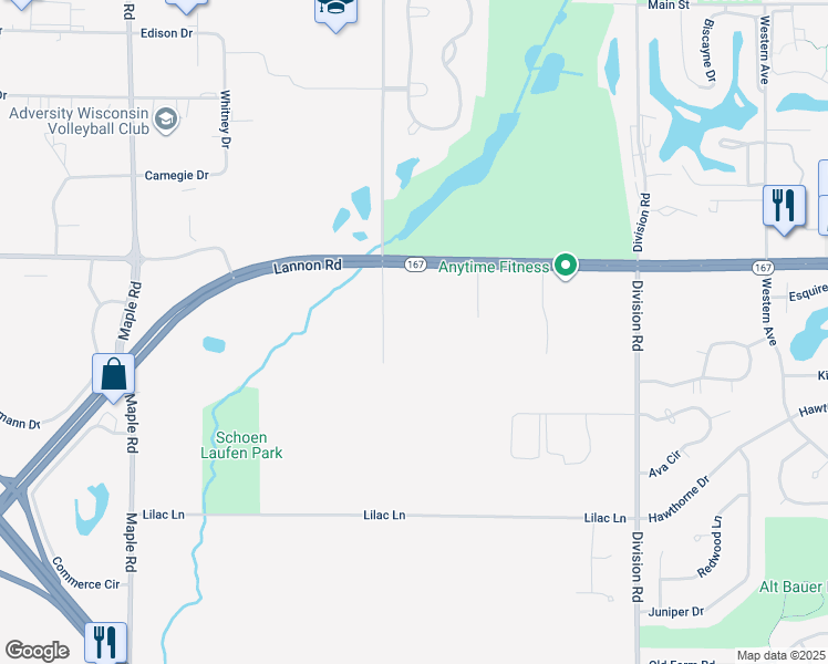 map of restaurants, bars, coffee shops, grocery stores, and more near w180n11070 North River Lane in Germantown