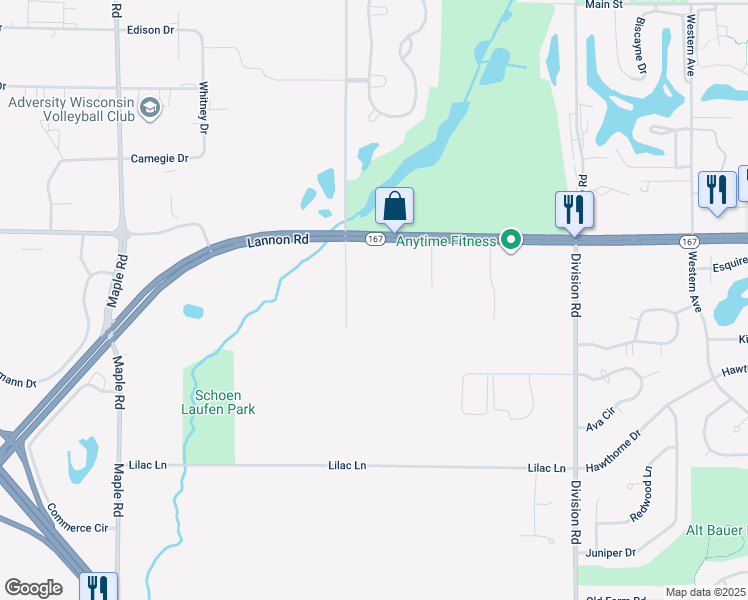 map of restaurants, bars, coffee shops, grocery stores, and more near w180n11070 North River Lane in Germantown