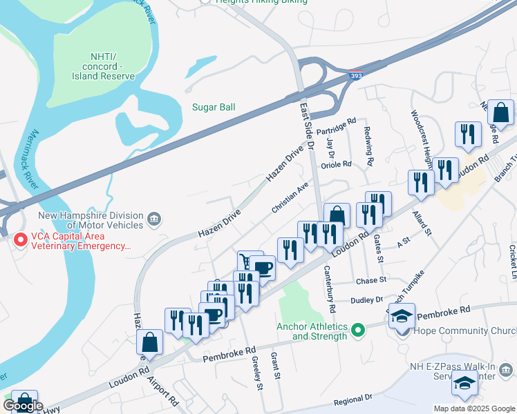 map of restaurants, bars, coffee shops, grocery stores, and more near 68-70 Hazen Drive in Concord