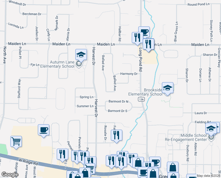 map of restaurants, bars, coffee shops, grocery stores, and more near 339 Ballad Avenue in Rochester