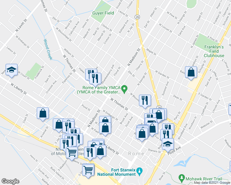 map of restaurants, bars, coffee shops, grocery stores, and more near 306 William Street in Rome