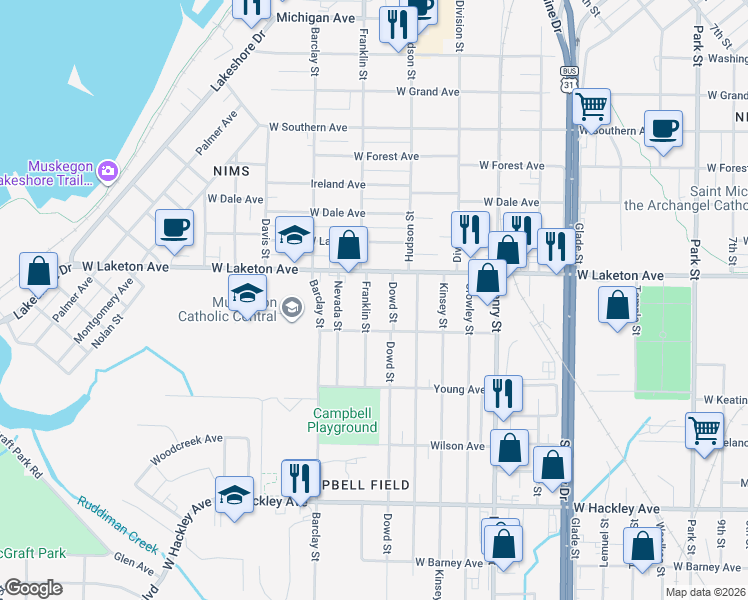 map of restaurants, bars, coffee shops, grocery stores, and more near 1848 Franklin Street in Muskegon