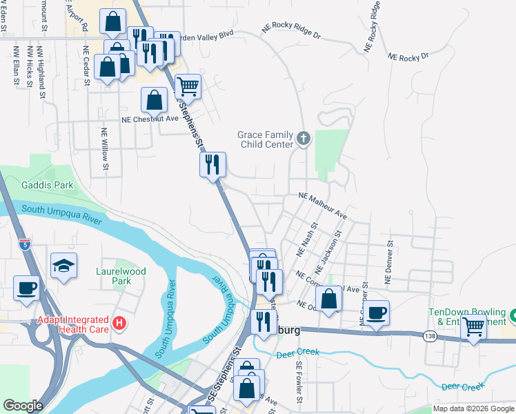 map of restaurants, bars, coffee shops, grocery stores, and more near 693 Northeast Winchester Street in Roseburg