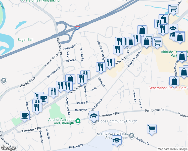 map of restaurants, bars, coffee shops, grocery stores, and more near 199 Loudon Road in Concord