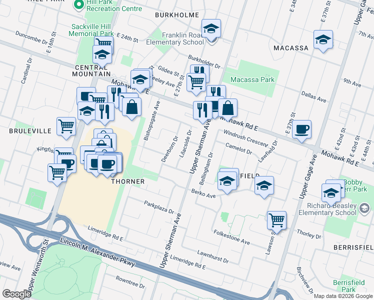 map of restaurants, bars, coffee shops, grocery stores, and more near 105 Lilacside Drive in Hamilton