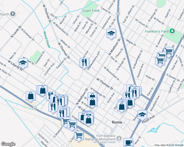 map of restaurants, bars, coffee shops, grocery stores, and more near 414 West Thomas Street in Rome