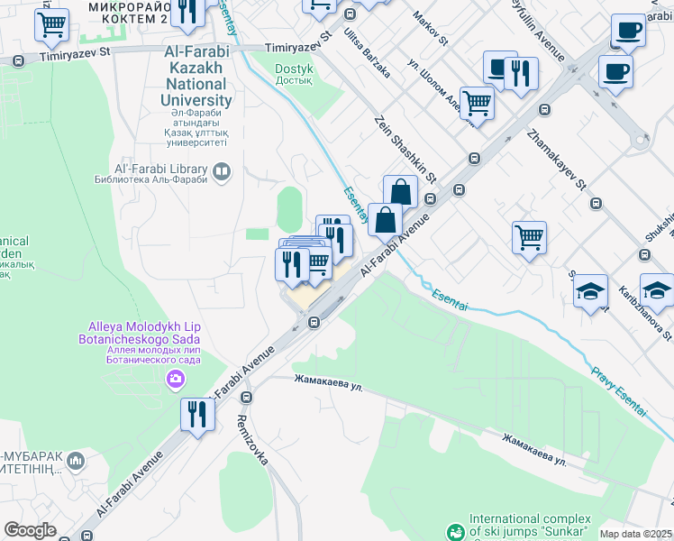 map of restaurants, bars, coffee shops, grocery stores, and more near 77/7 Al-Farabi Avenue in Almaty