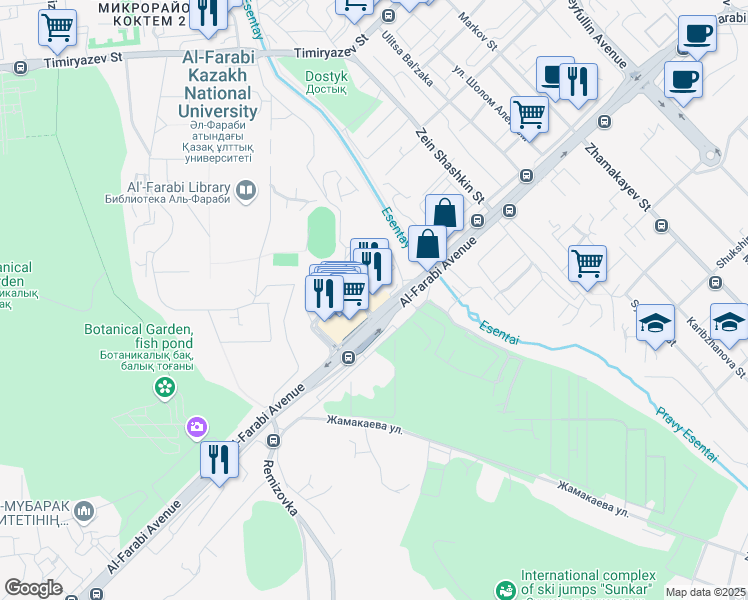 map of restaurants, bars, coffee shops, grocery stores, and more near 77/7 Al-Farabi Avenue in Almaty