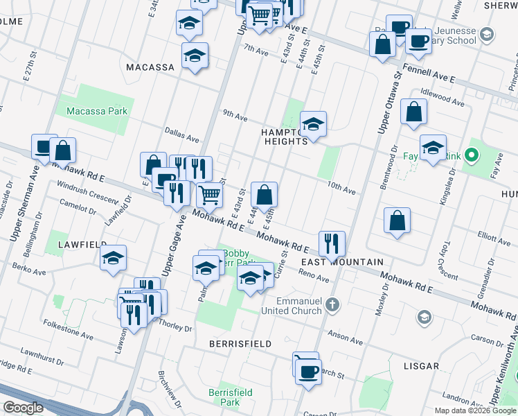 map of restaurants, bars, coffee shops, grocery stores, and more near 269 East 44th Street in Hamilton