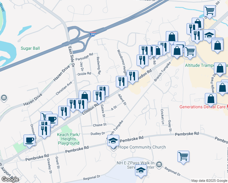map of restaurants, bars, coffee shops, grocery stores, and more near 199 Loudon Road in Concord