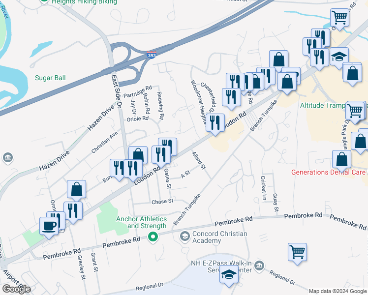 map of restaurants, bars, coffee shops, grocery stores, and more near 199 Loudon Road in Concord