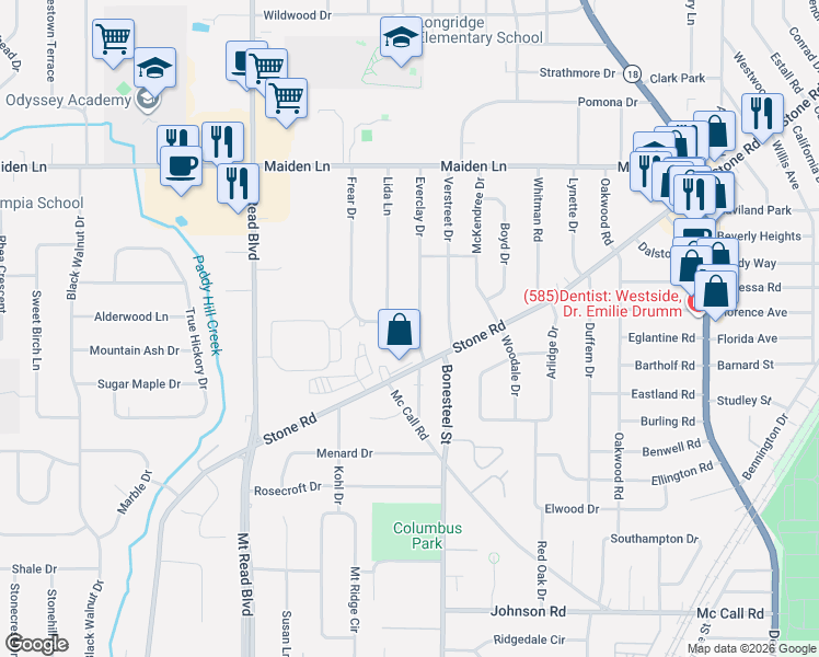 map of restaurants, bars, coffee shops, grocery stores, and more near 32 Frear Drive in Rochester