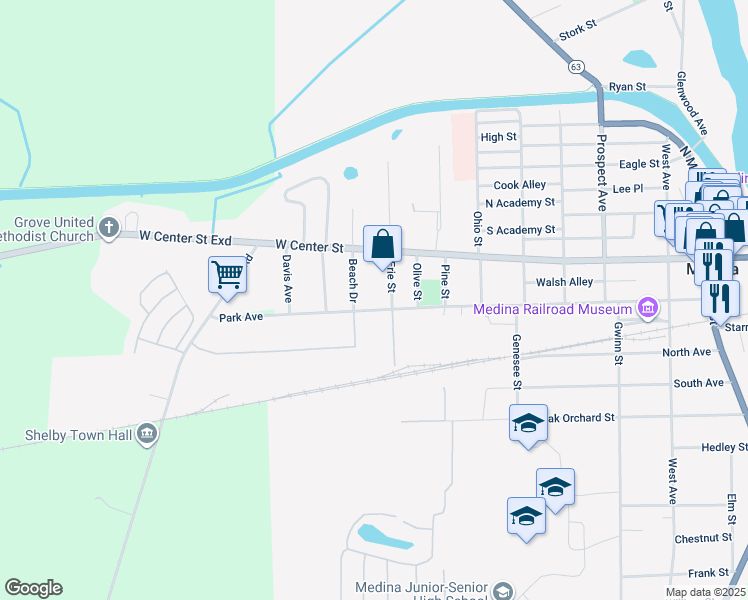 map of restaurants, bars, coffee shops, grocery stores, and more near 517 Beach Drive in Medina