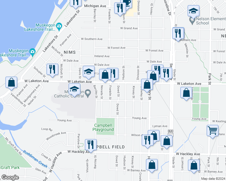 map of restaurants, bars, coffee shops, grocery stores, and more near 1005 West Laketon Avenue in Muskegon
