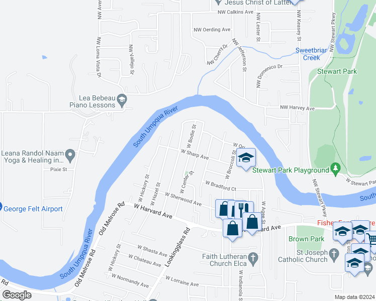 map of restaurants, bars, coffee shops, grocery stores, and more near 169 West Bodie Street in Roseburg