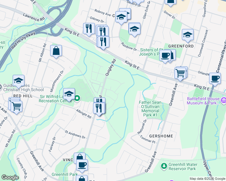 map of restaurants, bars, coffee shops, grocery stores, and more near 10 Vincent Court in Hamilton