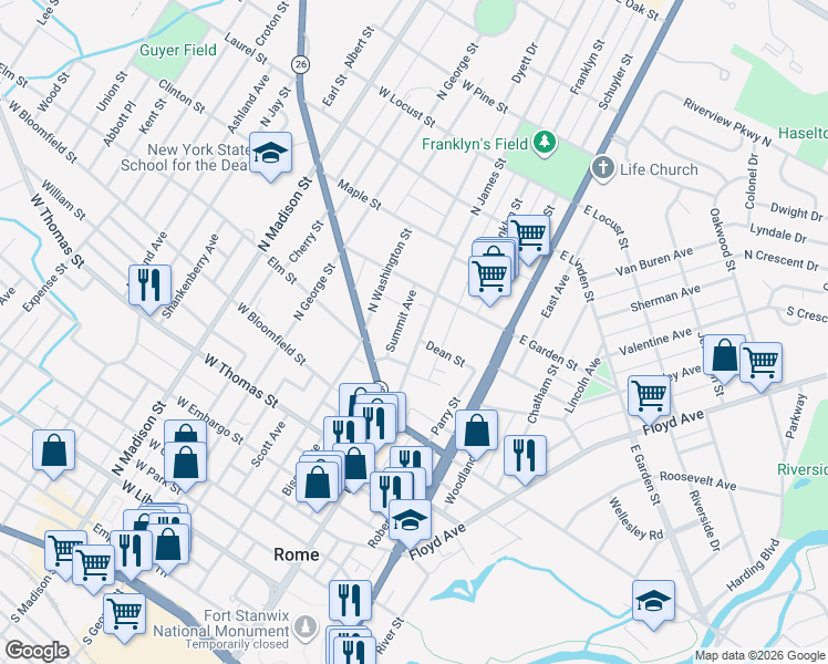 map of restaurants, bars, coffee shops, grocery stores, and more near 711 North James Street in Rome