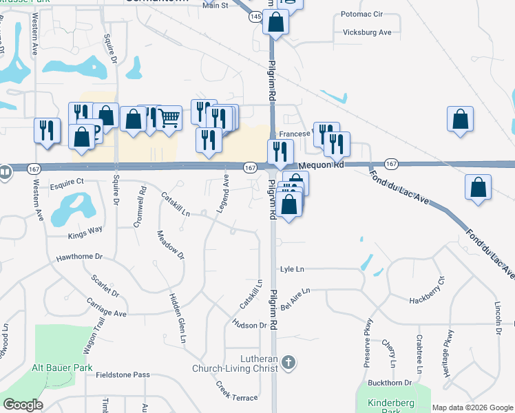 map of restaurants, bars, coffee shops, grocery stores, and more near N111W15653 Vienna Court in Germantown