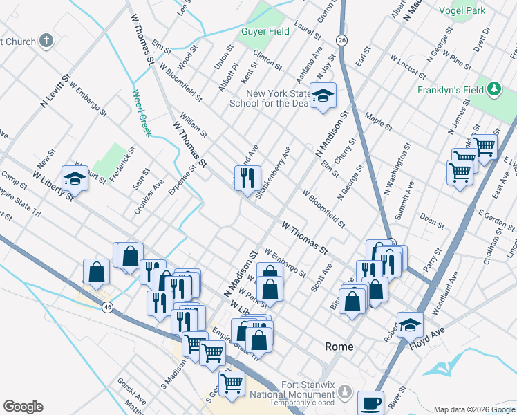 map of restaurants, bars, coffee shops, grocery stores, and more near 414 West Thomas Street in Rome