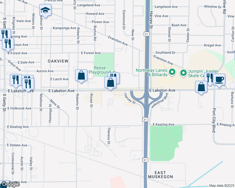 map of restaurants, bars, coffee shops, grocery stores, and more near 1453 East Laketon Avenue in Muskegon