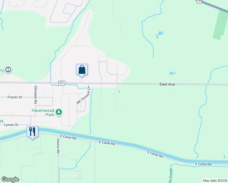map of restaurants, bars, coffee shops, grocery stores, and more near 1 East Avenue in Brockport