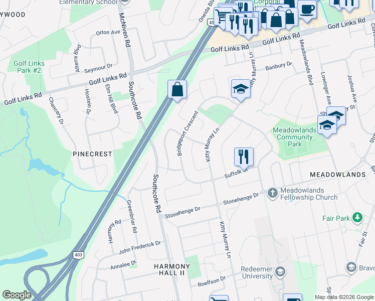 map of restaurants, bars, coffee shops, grocery stores, and more near 11 Cabriolet Crescent in Hamilton
