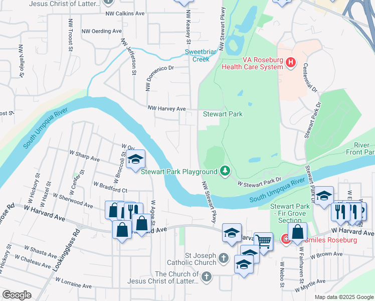 map of restaurants, bars, coffee shops, grocery stores, and more near 1031 Northwest Keasey Street in Roseburg