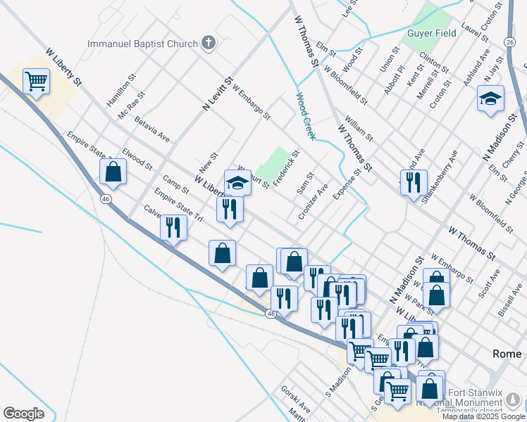 map of restaurants, bars, coffee shops, grocery stores, and more near 734 West Liberty Street in Rome