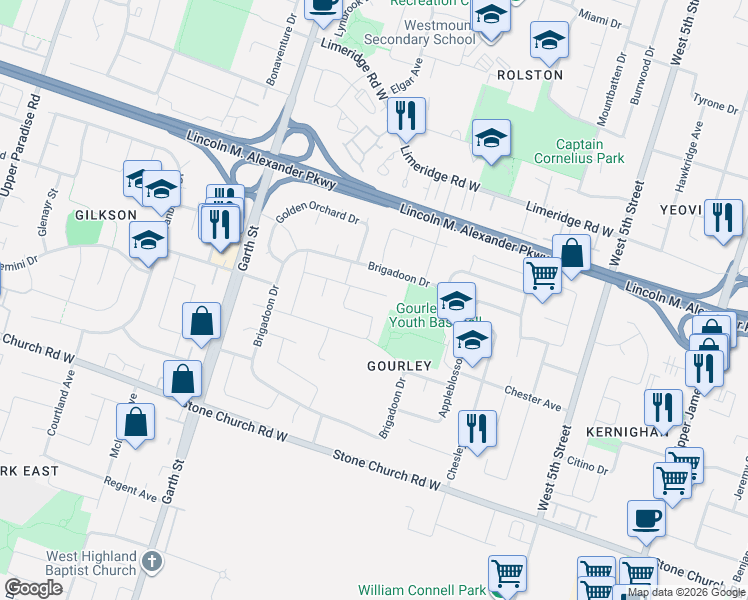 map of restaurants, bars, coffee shops, grocery stores, and more near 80 Heatherdale Place in Hamilton