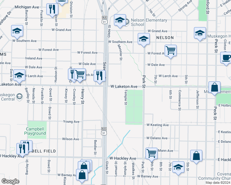 map of restaurants, bars, coffee shops, grocery stores, and more near 525 West Laketon Avenue in Muskegon