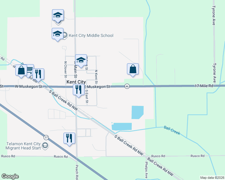 map of restaurants, bars, coffee shops, grocery stores, and more near 2956 17 Mile Road in Kent City