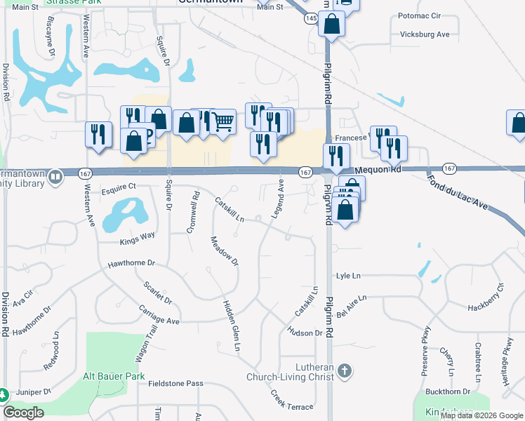map of restaurants, bars, coffee shops, grocery stores, and more near N110W15918 Potters Court in Germantown
