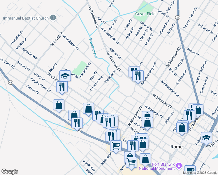 map of restaurants, bars, coffee shops, grocery stores, and more near 327 Kossuth Street in Rome