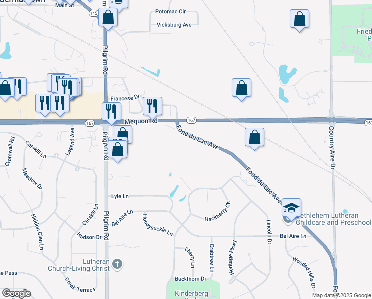 map of restaurants, bars, coffee shops, grocery stores, and more near w150n11127 West Fond Du Lac Avenue in Germantown