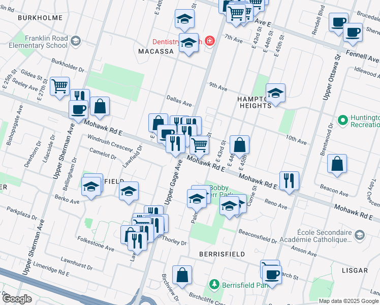 map of restaurants, bars, coffee shops, grocery stores, and more near 697 Mohawk Road East in Hamilton