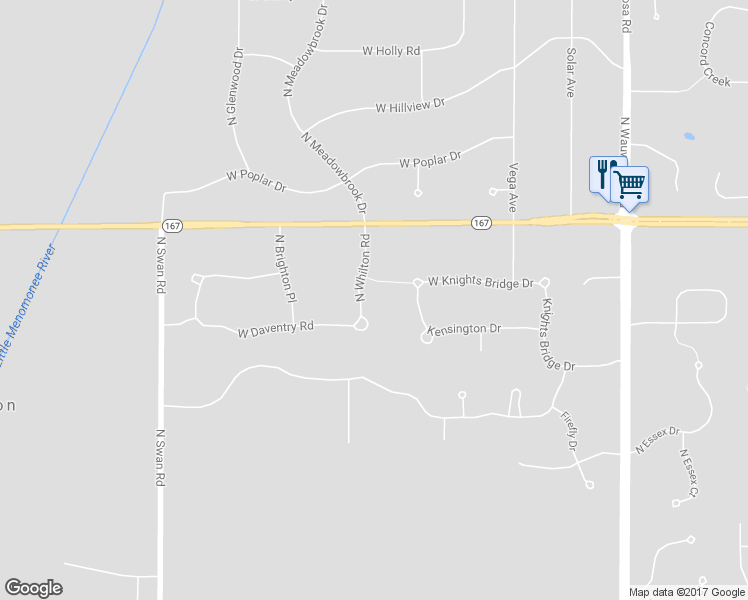 map of restaurants, bars, coffee shops, grocery stores, and more near 11018 North Whilton Road in Mequon