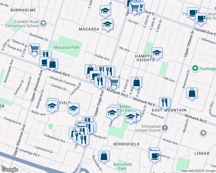 map of restaurants, bars, coffee shops, grocery stores, and more near 697 Mohawk Road East in Hamilton