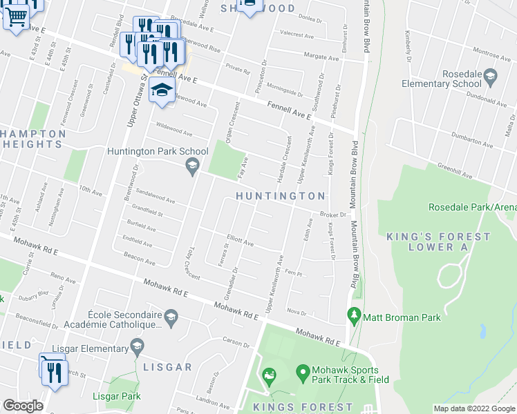 map of restaurants, bars, coffee shops, grocery stores, and more near 9 Grenadier Drive in Hamilton
