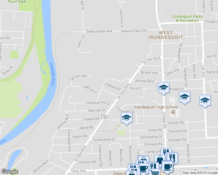 map of restaurants, bars, coffee shops, grocery stores, and more near 29 Chelsea Road in Rochester