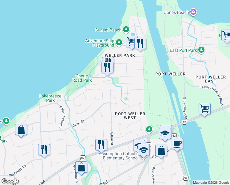 map of restaurants, bars, coffee shops, grocery stores, and more near in St. Catharines