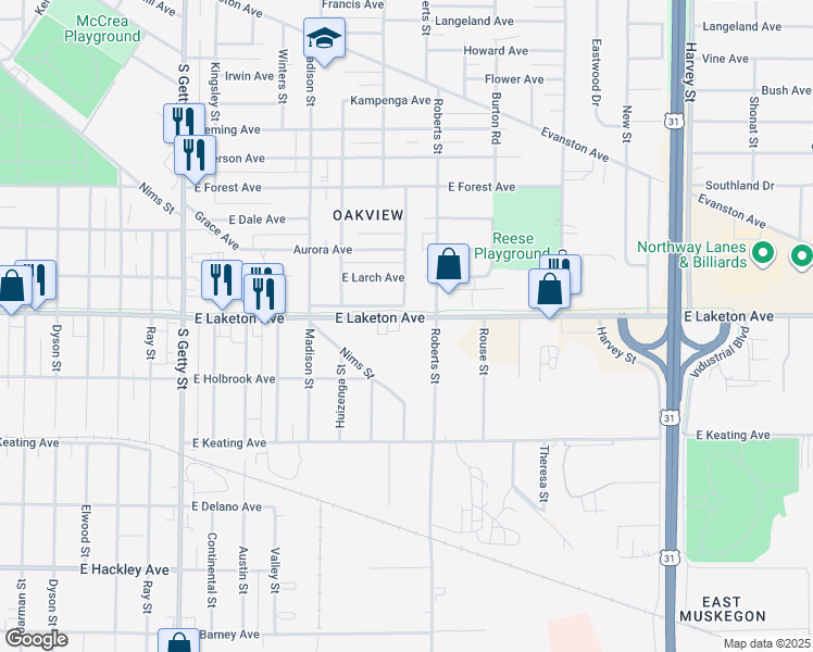 map of restaurants, bars, coffee shops, grocery stores, and more near 1165 East Laketon Avenue in Muskegon