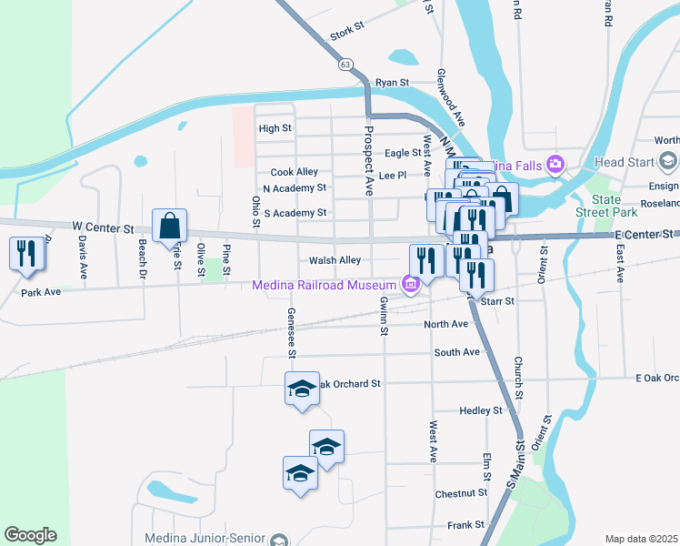 map of restaurants, bars, coffee shops, grocery stores, and more near 322 Park Avenue in Medina