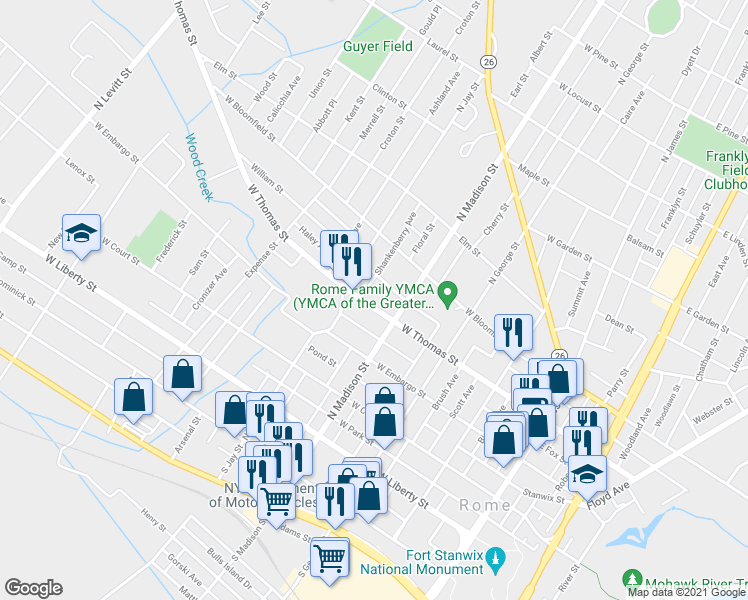 map of restaurants, bars, coffee shops, grocery stores, and more near 414 West Thomas Street in Rome