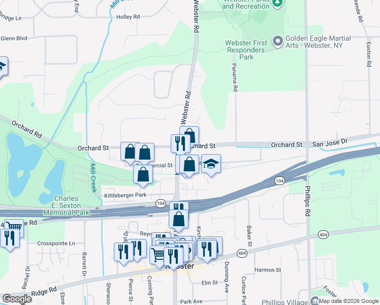 map of restaurants, bars, coffee shops, grocery stores, and more near 263 North Avenue in Webster