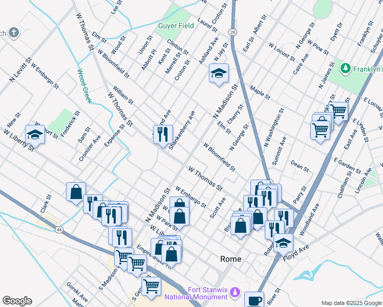 map of restaurants, bars, coffee shops, grocery stores, and more near 515 North Madison Street in Rome